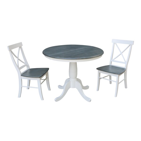 International Concepts Round 36 in Rd Extension Dining Table, 2 X-back Chairs, White/Heather Gray, 36 W, 48 L, 29.3 in H K05-36RXT-C613-2 - main